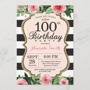 100e anniversaire Invitation Femmes. Noir d'or flo