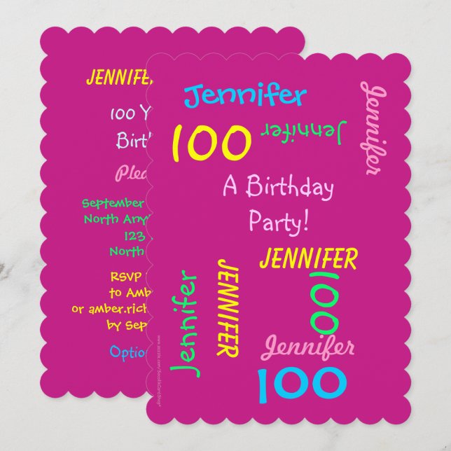 100e anniversaire Invitation fête Hot rose Personn (Devant / Derrière)