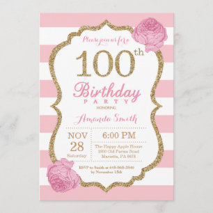 100e anniversaire Invitation Florale rose et or