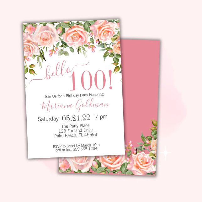 100e anniversaire Invitation Pink Floral Modern Pa (Créateur téléchargé)