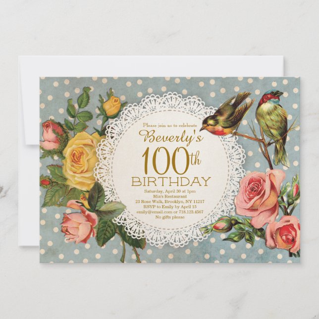 100e anniversaire Invitation Roses Floral Birds Bl (Devant)