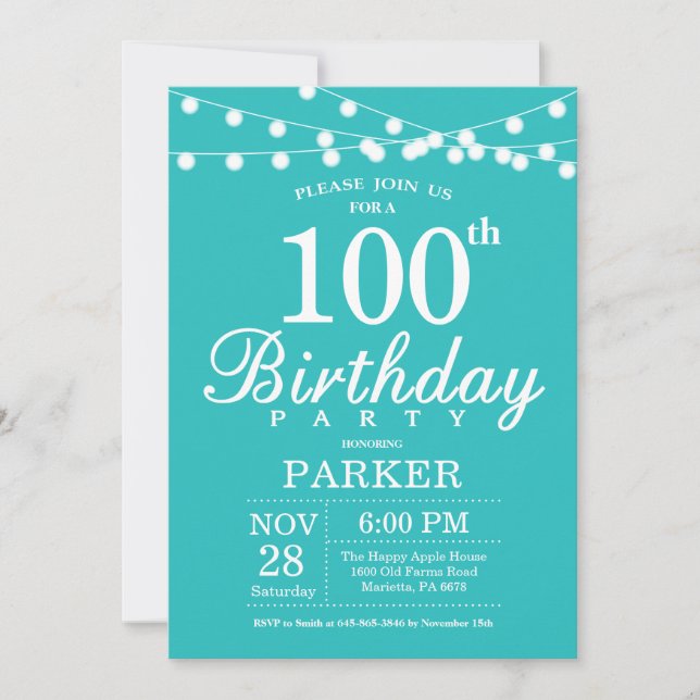 100e anniversaire Invitation Turquoise Aqua Turquo (Devant)