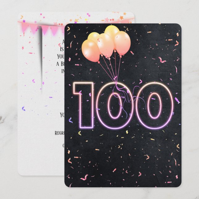 100e Anniversaire Neon Connexion Invitation noire (Devant / Derrière)