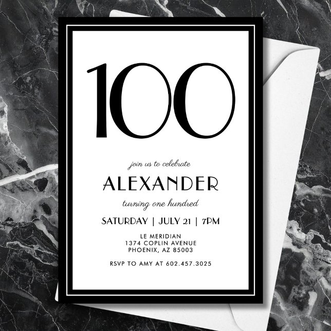 100th Birthday Black and White Modern Minimalist  Einladung (A chic black & white invitation that blends modern minimal design with elegance for 100th birthday.)