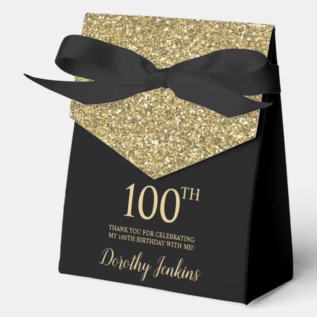 100th Birthday Black Gold Glitter Thank You Geschenkschachtel (Vorderseite)