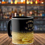 100th birthday black gold name elegant bow tasse<br><div class="desc">Elegant,  classic,  glamorous and feminine.  A faux gold colored bow and ribbon with golden glitter and sparkle,  a bit of bling and luxury for a 100th birthday gift or keepsake.  Black background. Templates for her name,  age 100 and date of birth.  Curved text and golden letters</div>