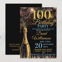 100th Birthday Bubbly Fireworks Gold Blue Einladung