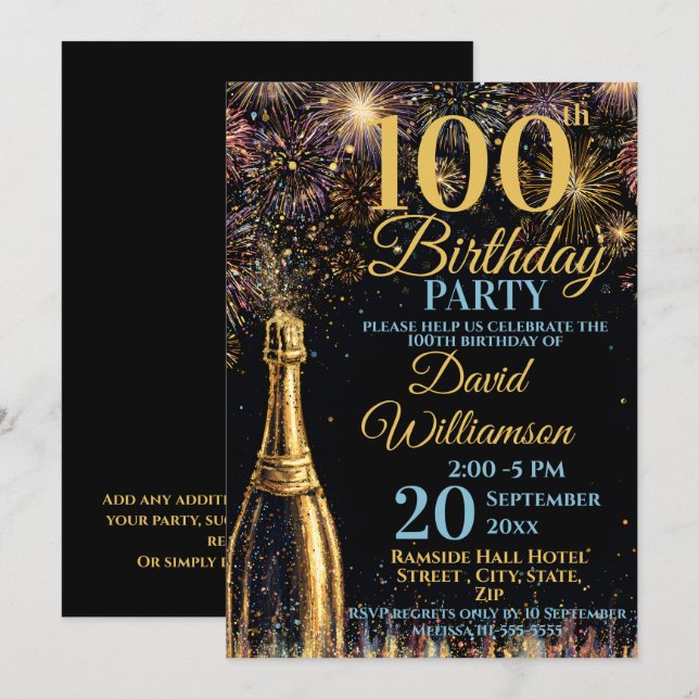 100th Birthday Bubbly Fireworks Gold Blue Einladung (Vorne/Hinten)