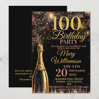 100th Birthday Bubbly Fireworks Gold Pink Einladung