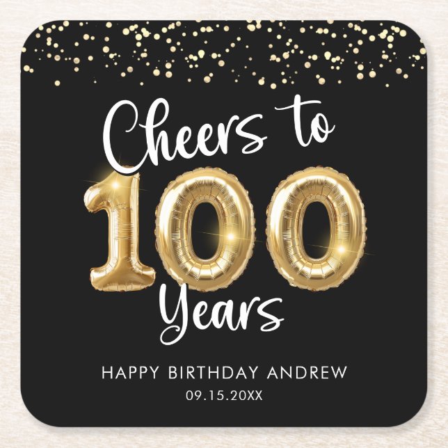 100th Birthday Cheers to 100 Years Black Gold Rechteckiger Pappuntersetzer (Vorderseite)