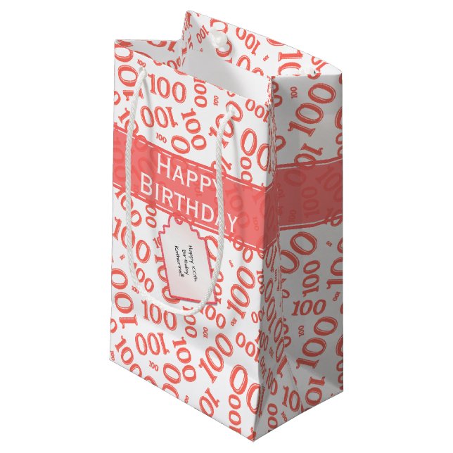 100th Birthday Coral/White Random Number Pattern Kleine Geschenktüte (Vorderseite Schrägansicht)