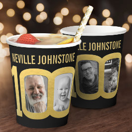100th birthday custom two photo black and gold pappbecher