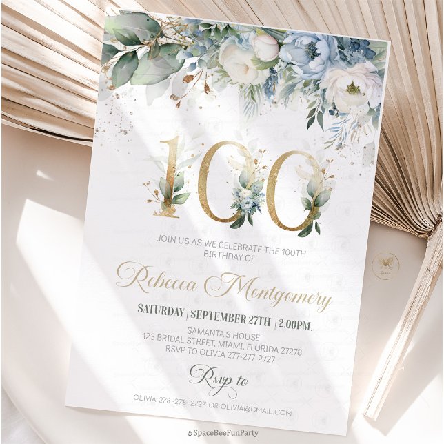 100th birthday Elegant Milestone invitation (100th birthday invitation, editable sage green invitation, elegant floral design, eighty year old br)
