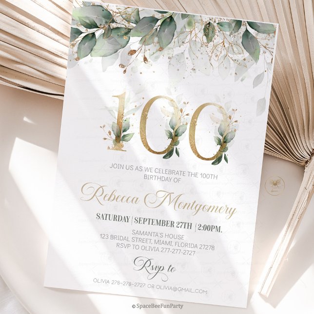 100th birthday Elegant Milestone invitation RSVP Karte (100th birthday invitation, editable sage green invitation, elegant floral design, eighty year old br)