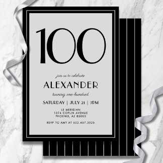 100th Birthday Modern Minimalist Mens Black Gray Einladung