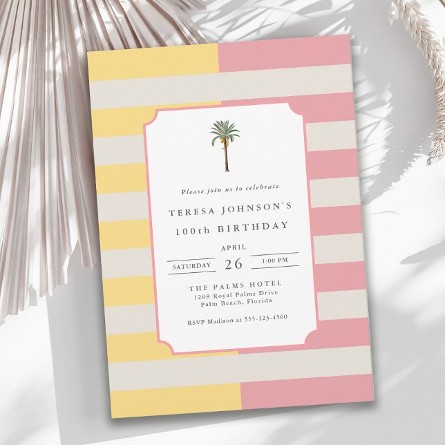 100th Birthday Palm Beach Pastel Stripe Tropical Einladung (Von Creator hochgeladen)