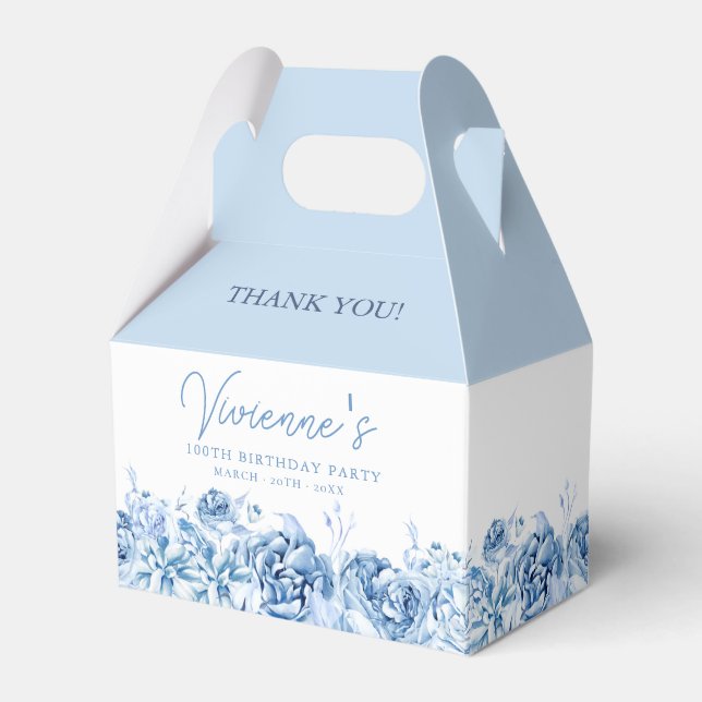 100th Birthday Party Dusty Blue Rose Floral Geschenkschachtel (Vorderseite)