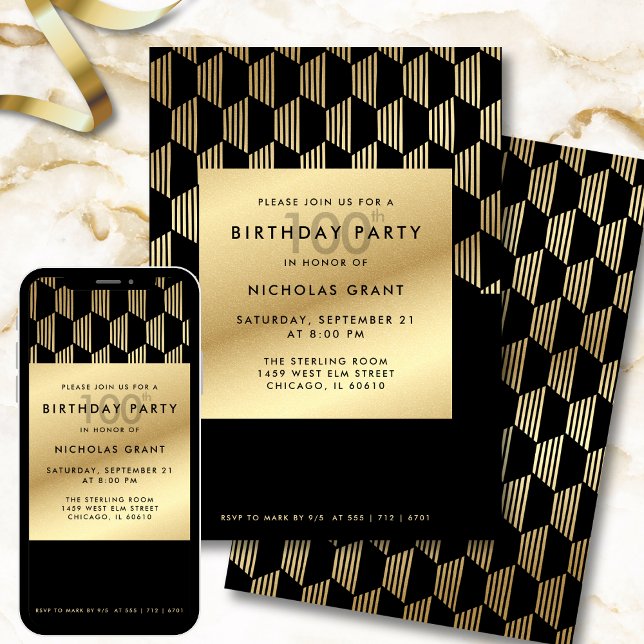 100th Birthday Party Modern Black and Gold Foil Einladung (Von Creator hochgeladen)