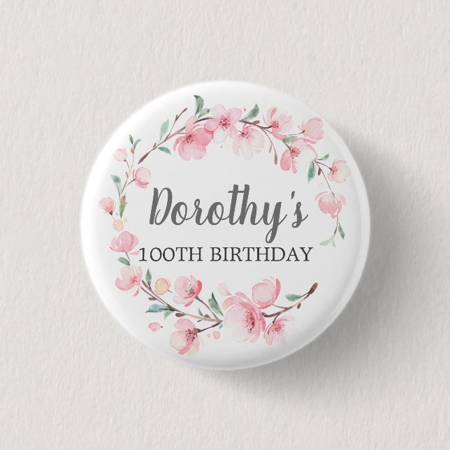 100th Birthday Party Pink Cherry Blossom Floral Button (Vorderseite)