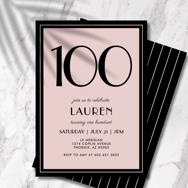 100th Birthday Women's Modern Minimal Black Pink Einladung (A chic black and pink invitation that blends modern minimal design with elegance.)