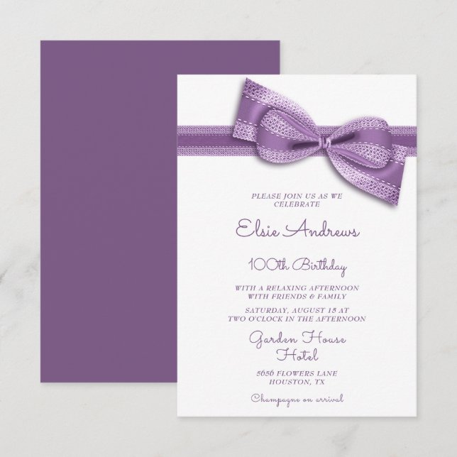 100th Centenarian Bow & Ribbon Birthday Einladung (Vorne/Hinten)