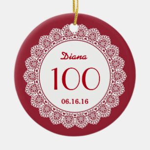 100th Geburtstags-Memento-weißes Spitze A06 ROT Keramikornament
