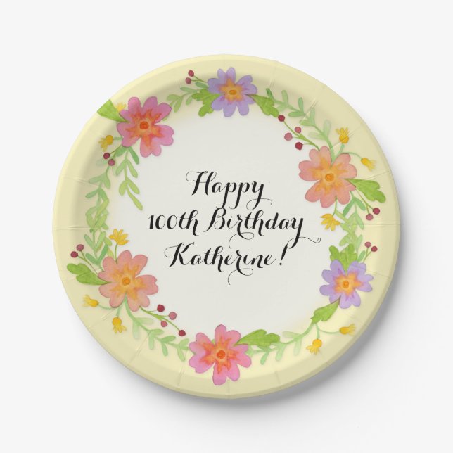 100th Geburtstags-Partywatercolor-modernes Blumen Pappteller (Vorderseite)
