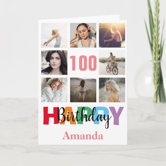 100th Happy Birthday Foto Collage Modern Pink Karte (Vorderseite)