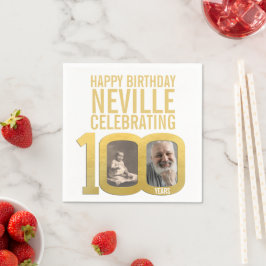 100th happy birthday gold white custom photo serviette