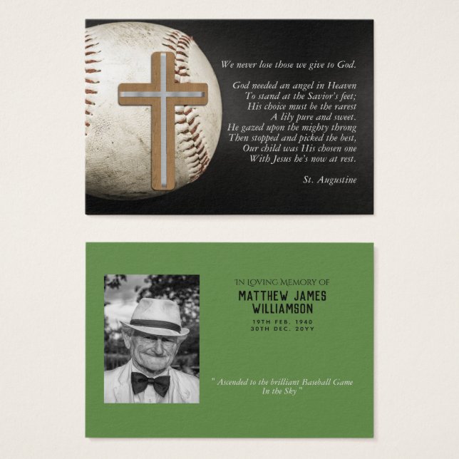 100x BASEBALL Memorial Prayer Card Foto und Verse (Vorne & Hinten)