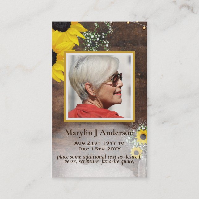 100x rustikale Sonnenblumen FOTO Gebet Gedenkkarte Visitenkarte (Vorderseite)