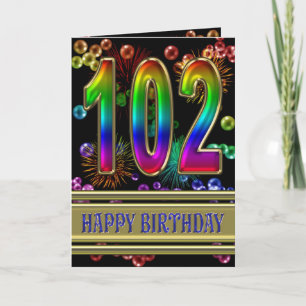 102. Geburtstag mit Regenbogenblasen und Feuerwerk Karte