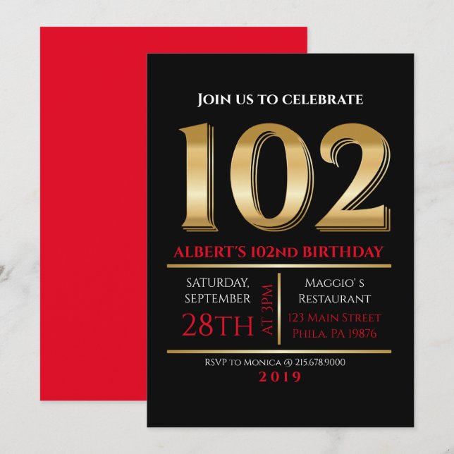 102e anniversaire Gold Black Party Invitation (Devant / Derrière)