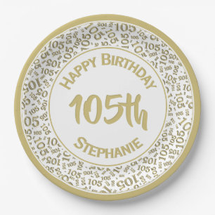 105. Geburtstag Cooles Zahlenmuster Gold/Weiß Pappteller