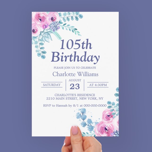 105. Geburtstag Lila Blüte 105 Jahre Einladung (105th Birthday Purple Floral 105 Years Invitation
)