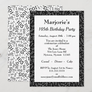 105. Geburtstagsparty Schwarz/Weiß Zahlenmuster Einladung