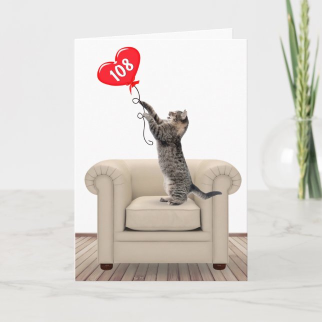 108e Anniversaire Chat Avec Carte Balloon Coeur (Devant)