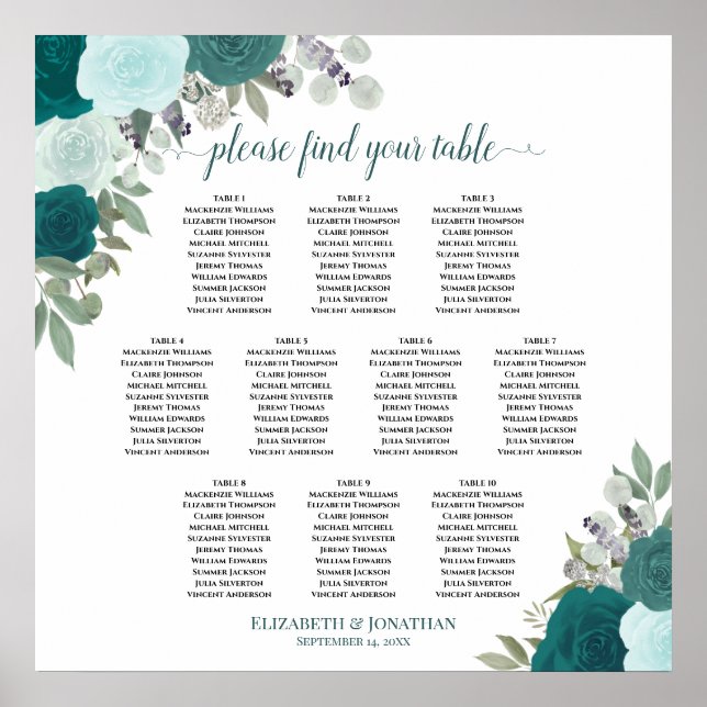10 Aquamarine Rose Elegante Hochzeitssessendiagram Poster (Vorne)
