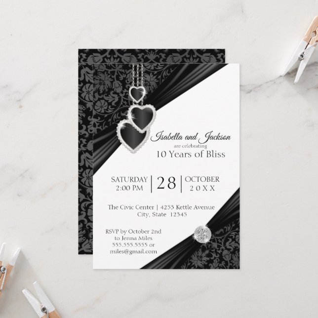 10. Black Onyx Herzensjubiläum Designeinladung Einladung (Vorderseite/Rückseite Beispiel)