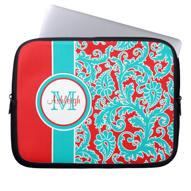 10" Blue Red White Monogram Damask Notebook-Sieb Laptopschutzhülle (Vorderseite)