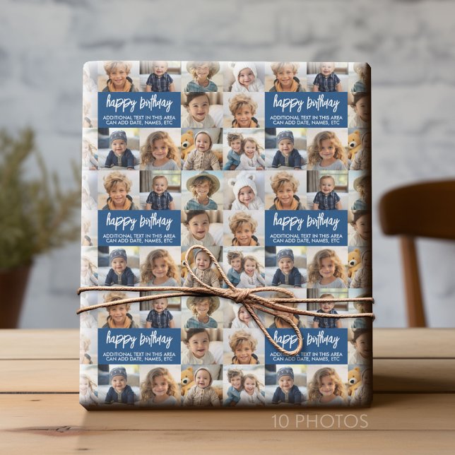 10 Foto Border Birthday Text Centre - Blue Geschenkpapier (Custom Photo Collage Wrapping Paper - All Occasion)
