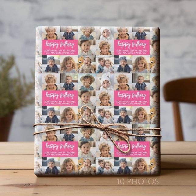 10 Foto Border Birthday Text Centre - Pink Geschenkpapier (Custom Photo Collage Wrapping Paper - All Occasion)