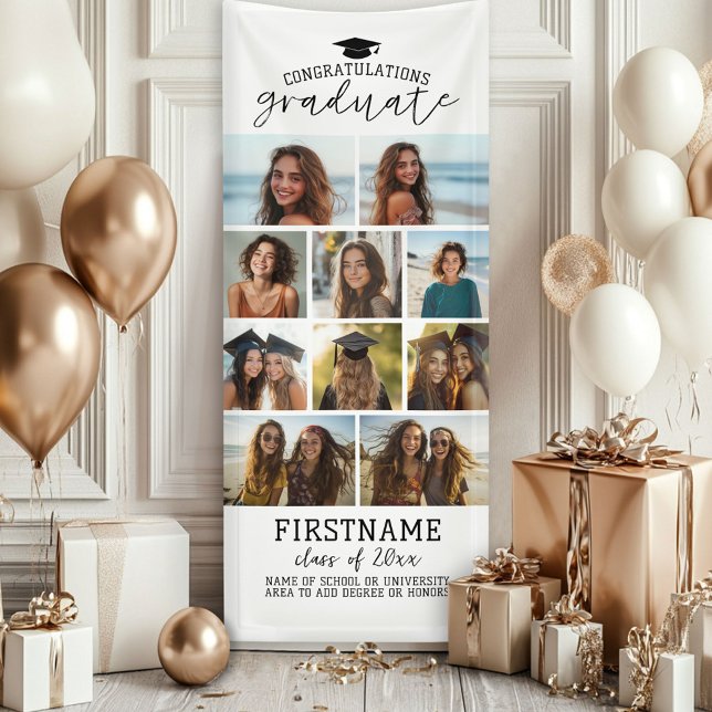 10 Foto Collage Abschluss Moderner Minimal Weiß Banner (Custom Graduation Photo Banner - Great backdrop and Graduation Party Decoration)