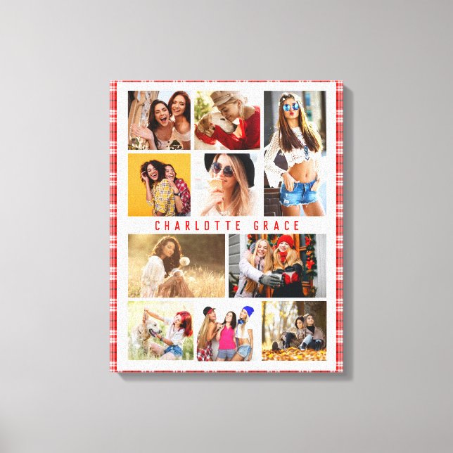 10 Foto Moderne Trendy Red Kariert Stylish Name Leinwanddruck (Vorderseite)