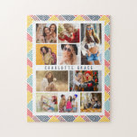 10 Foto Moderner farbiger Abstrakter geometrischer<br><div class="desc">10 Foto Moderne Abstrakte Geometrische Bezeichnung Jigsaw Puzzle bietet zehn Ihrer Lieblingsfotos für ein einfaches und schnelles DIY Hinzufügen Ihrer eigenen Foto-Collage. Personalisieren Sie mit Ihrem Namen und umgeben von einem farbenprächtigen abstrakten geometrischen Muster. Macht ein perfektes Geschenk für Weihnachten, Geburtstage, Muttertag, Schwestern, beste Freunde und mehr. Entworfen von ©...</div>