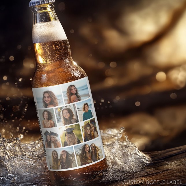 10 FotoCollage - Schwarzer Text mit weißem Hinterg Bierflaschenetikett (Custom Photo Collage on a Food and Beverage Label)