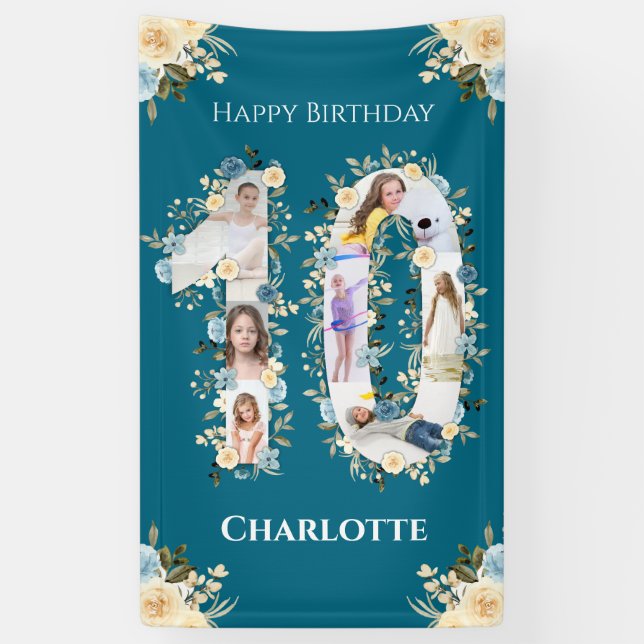 10. Geburtstag Aquamarine Blume Foto Collage Gelb Banner (Vertikal)