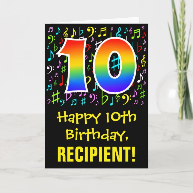 10. Geburtstag: Farbige Musiksymbole + Regenbogen  Karte (Vorderseite)