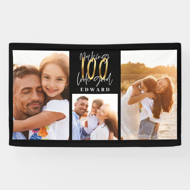 10. Geburtstag Foto Collage schwarze Goldtypografi Banner (Horizontal)