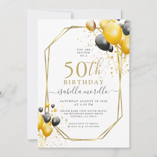 10. Geburtstag Gold Black Balloons Glitzer Einladu Einladung (Vorderseite)